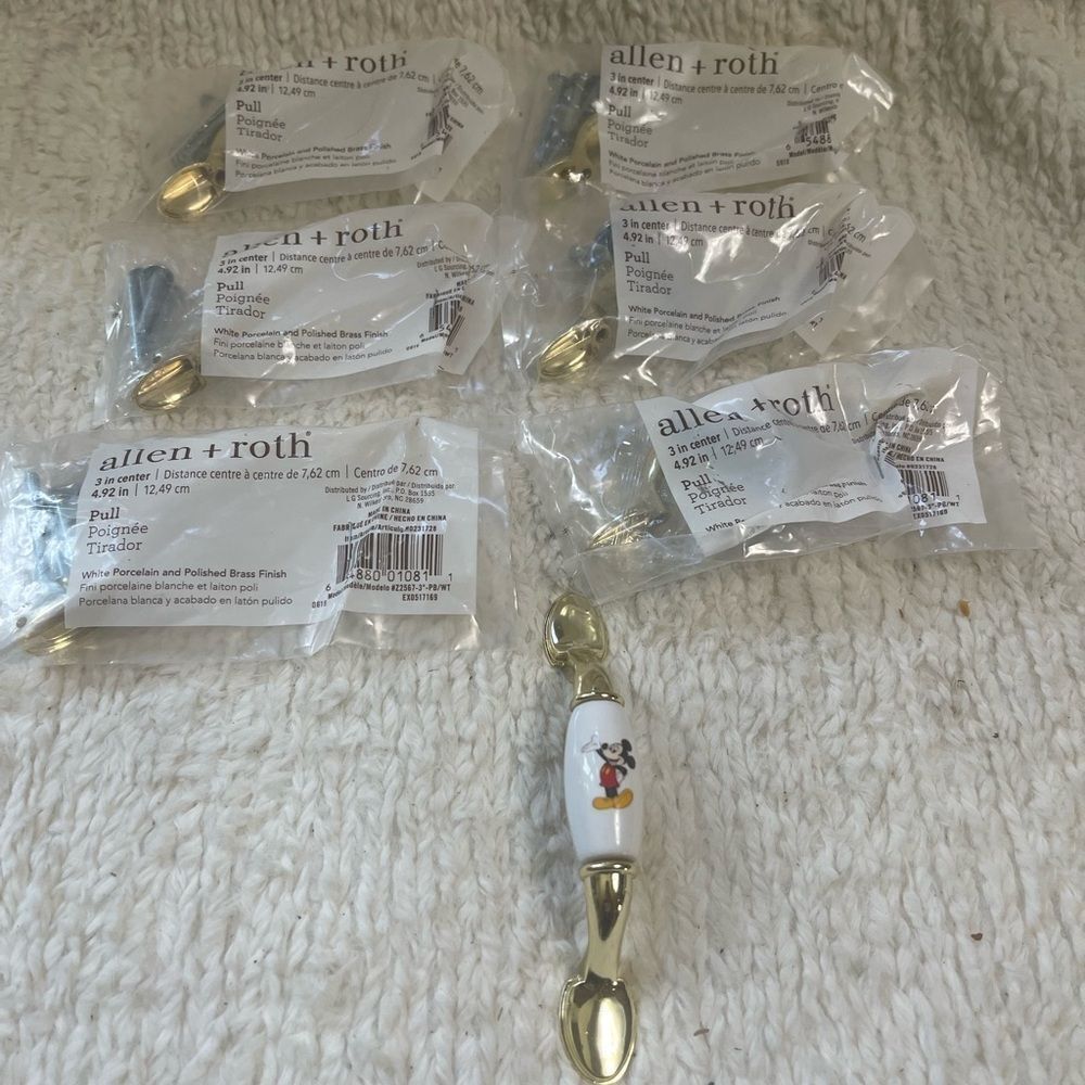 NEW set of 6 Allen +Roth  Mikey Mouse White porcelain & polish brass Drawer pull